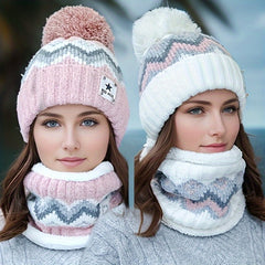 2pcs Winter Hat & Scarf for Women & Unisex -Suitable Suitable for, cycle, Cold Weather - Star Embellished Pink/White Striped Beanie with, Stretchy Windproof Trapper Hat (Beige/Pink/White/Gray/Black) - Machine Washable,
