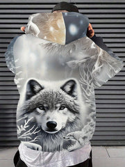 Men'S Wolf & Snowy Forest Digital Print Hooded Sweatshirt - All-Over Wolf Face & Snowy Landscape Design, Loose Fit Casual Pullover with Wolf Head & Paws
