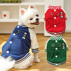 Pet Baseball Jacket, Dog Outerwear for Spring, Autumn & Winter, Pet Sports Coat, Snap-button Bear-themed Baseball Shirt with Leash D-ring, Universal Clothing for Cats & Dogs, Stylish & Sporty Outfit Designed for Dogs
