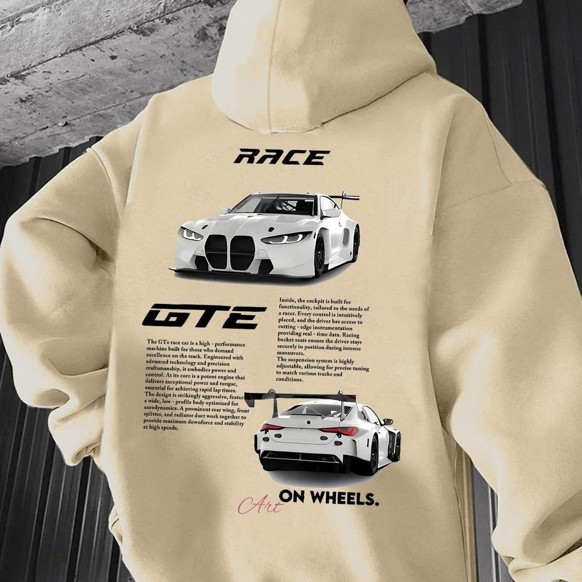 [Racing Hoodie] 1pc Men's Racing Hoodie - Beige Pullover Sweatshirt with Racing Car Graphic, Front Pocket - Loose Fit Streetwear for Motorsport Events & Casual Attire - Automotive Enthusiast Apparel, Motorsport Clothing, Trendy Casual Hoodie, Comfortable
