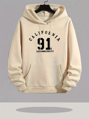 Men's Heavyweight Hooded Sweatshirt - California 91 Los Angeles Print Pullover Hoodie, Navy Blue Gym & Everyday Winter Warmth, Long Sleeve Athletic Fit with Front Pocket, Casual Streetwear for Men (California Lettering Design, Gym & Training Apparel, Regu