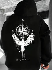 Men's Hoodie, with a print featuring a compass and a soaring bird labeled 'Chase Dreams', American retro street style, new autumn and winter season, suitable for Halloween and Christmas, a gift for family and friends