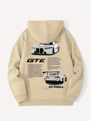 [Racing Hoodie] 1pc Men's Racing Hoodie - Beige Pullover Sweatshirt with Racing Car Graphic, Front Pocket - Loose Fit Streetwear for Motorsport Events & Casual Attire - Automotive Enthusiast Apparel, Motorsport Clothing, Trendy Casual Hoodie, Comfortable