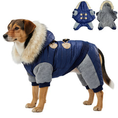 Double-Lining Pet Dog Winter Coat Jacket | Thick Polyester Hoodie Jumpsuit for Small to Large Dogs, Blue