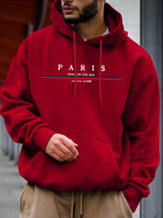 Men's Casual Paris Letter Print Hoodie - Black with White & Red Typography, Soft Long Sleeve Pullover for Autumn Winter, Machine Washable Regular Fit, Casual Wear Hoodie | Paris Themed Apparel | Machine Washable Hoodie