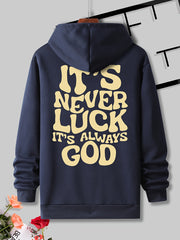 IT'S NEVER LUCK IT'S ALWAYS Print Hoodie With Front Pocket For Men, Casual Pullover Hooded Sweatshirt For Spring Fall