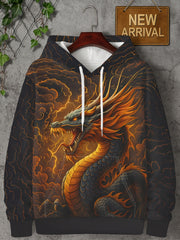 Men's 3D Thunder God Dragon Long Sleeve Printed Hoodie, Dragon King Theme, with Pocket and Hat Rope Design, suitable for daily street holiday wear in spring and autumn seasons!