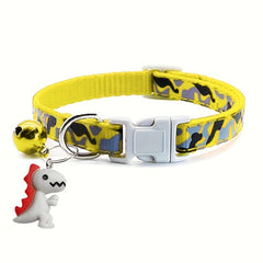 1pc Adjustable Leopard Print Camouflage Pet Collar with Jingle Bell & Cute Dinosaur Pendant - Soft Padded Comfortable Design, Durable Metal Buckle & Bell