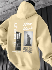 Men'S Heavyweight Hooded Sweatshirt - New York City Graphic Print with Statue of Liberty & Brooklyn Bridge Design, Loose Fit Winter Warmth, Casual Streetwear Pullover