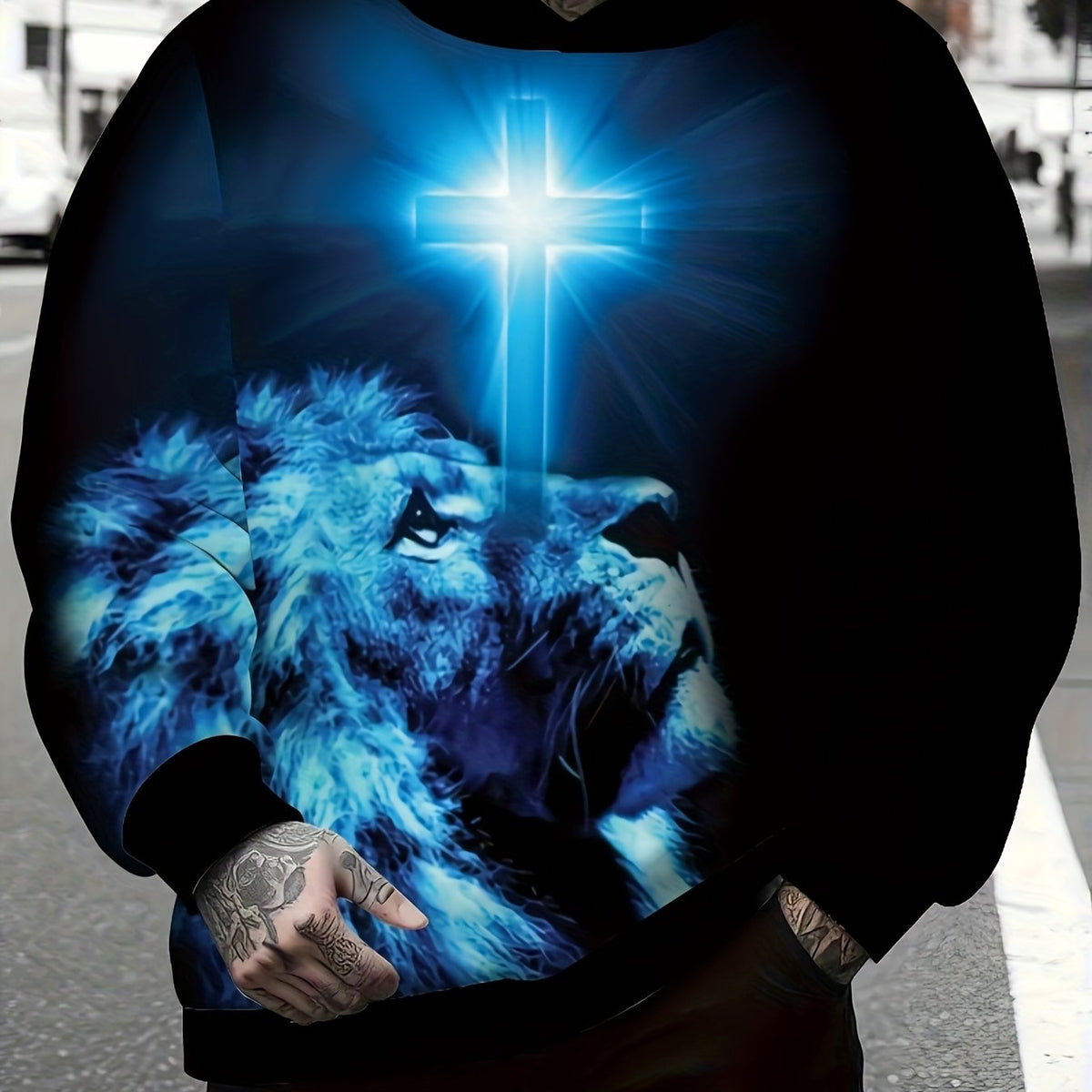 Men's Lion of Judah 3D Printed Hoodie - Black & Blue Lion of Judah Christ Symbol Sweatshirt, Relaxed Fit Hooded Sweater with Biblical Cross Print, Machine Washable Casual Religious Apparel