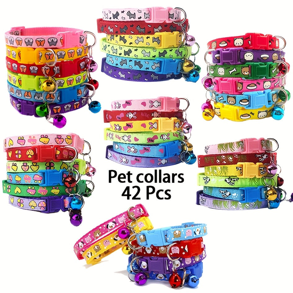 [42pcs Cute Pet Collars] 42pcs Cute Cartoon Dog Print Adjustable Pet Collars with Bells, Quick-Release Buckle Soft Nylon Cat and Dog Collars, Multiple Styles & Colors for Small Dogs and Cats
