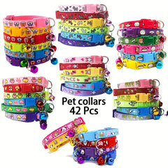 [42pcs Cute Pet Collars] 42pcs Cute Cartoon Dog Print Adjustable Pet Collars with Bells, Quick-Release Buckle Soft Nylon Cat and Dog Collars, Multiple Styles & Colors for Small Dogs and Cats