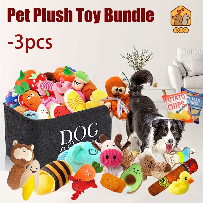 Plush Squeaky Dog Toy Bundle - Interactive Pet Soft Toys Collection for Small Breeds, Assorted Cute Patterns, Durable Plush Material, Set of 3/6/12pcs Without Storage Basket