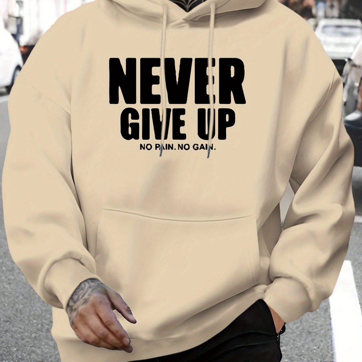 Men's Motivational "Never Give Up" Hoodie, Cozy Knit Pullover with Drawstring Hood, Long Sleeve Regular Fit, 100% Polyester, Bold Lettering Stretchy Fabric, for Fall/Winter Casual Wear Everyday Comfort