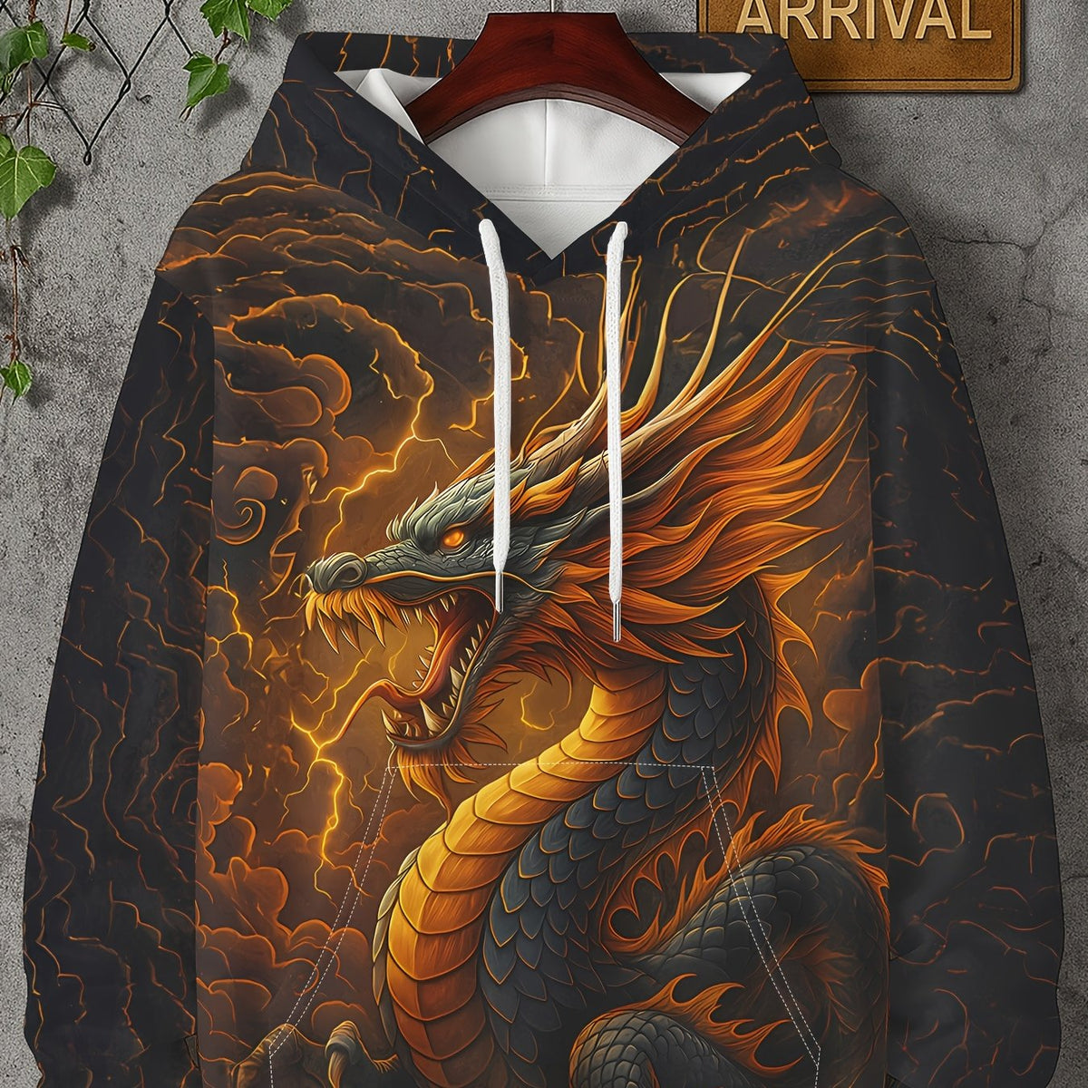 Men's 3D Thunder God Dragon Long Sleeve Printed Hoodie, Dragon King Theme, with Pocket and Hat Rope Design, suitable for daily street holiday wear in spring and autumn seasons!