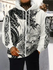 Men'S Winter Warm Hooded Zip-Up Sweatshirt with Dragon Print - Full-Zip Front Closure, Full-Zip Hooded Sweater Jacket, Machine Washable Casual Outerwear for Men