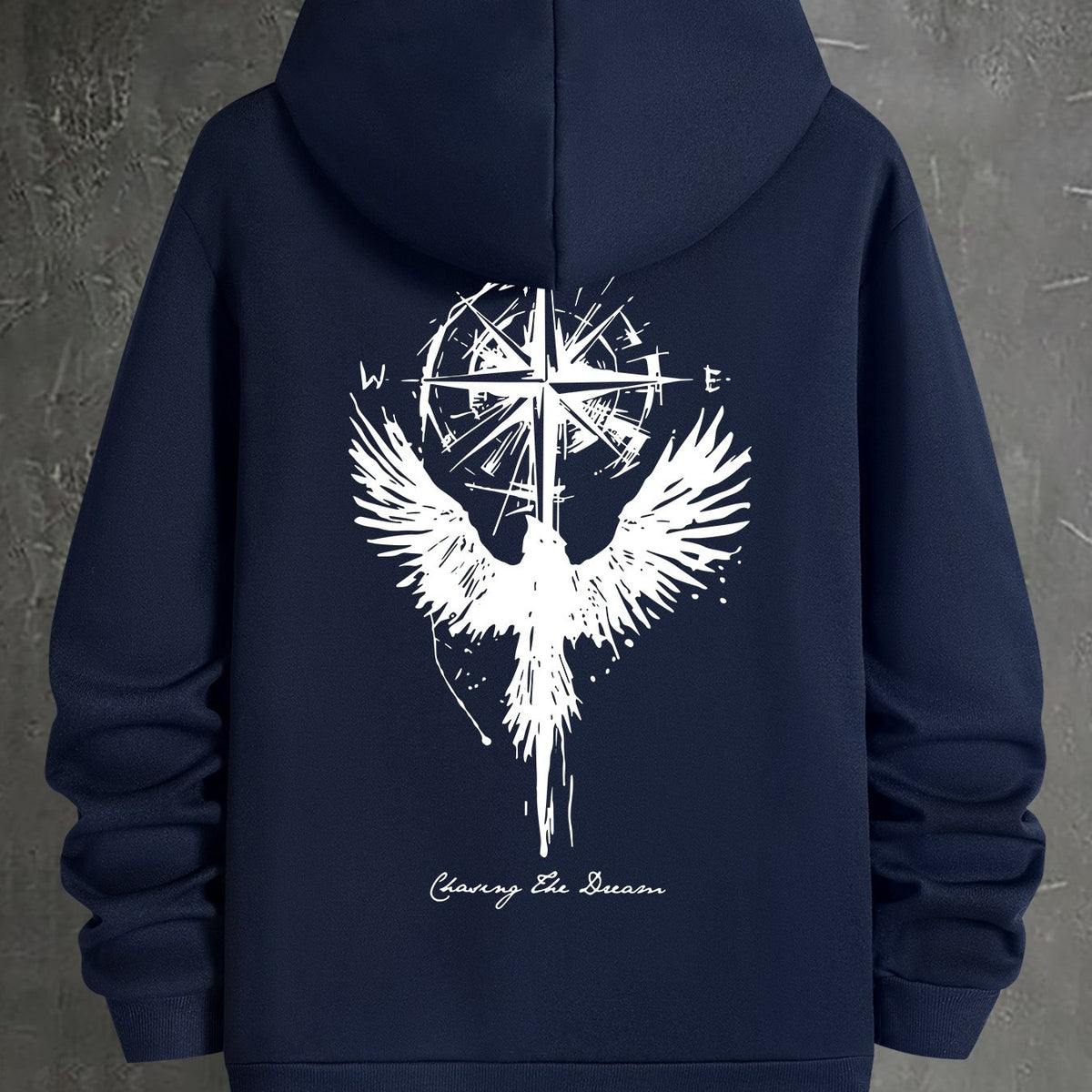 Men's Hooded Long-sleeved Compass Star And Wings Print Hooded Sweatshirt Top For Spring & Fall