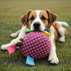 Heavy-Duty Chew-Resistant Dog Ball with Bell - Interactive Tug-of-War, Non-Toxic Soft Training Ball for Aggressive Chewers, All Breeds & Sizes, Indoor/Outdoor Fetch, Durable Polyester Puppy teething toy for Mental Stimulation & Exercise, Playful Design, S