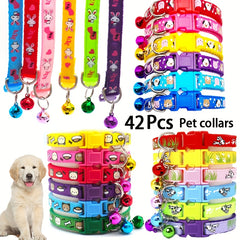 [42pcs Cute Pet Collars] 42pcs Cute Cartoon Dog Print Adjustable Pet Collars with Bells, Quick-Release Buckle Soft Nylon Cat and Dog Collars, Multiple Styles & Colors for Small Dogs and Cats