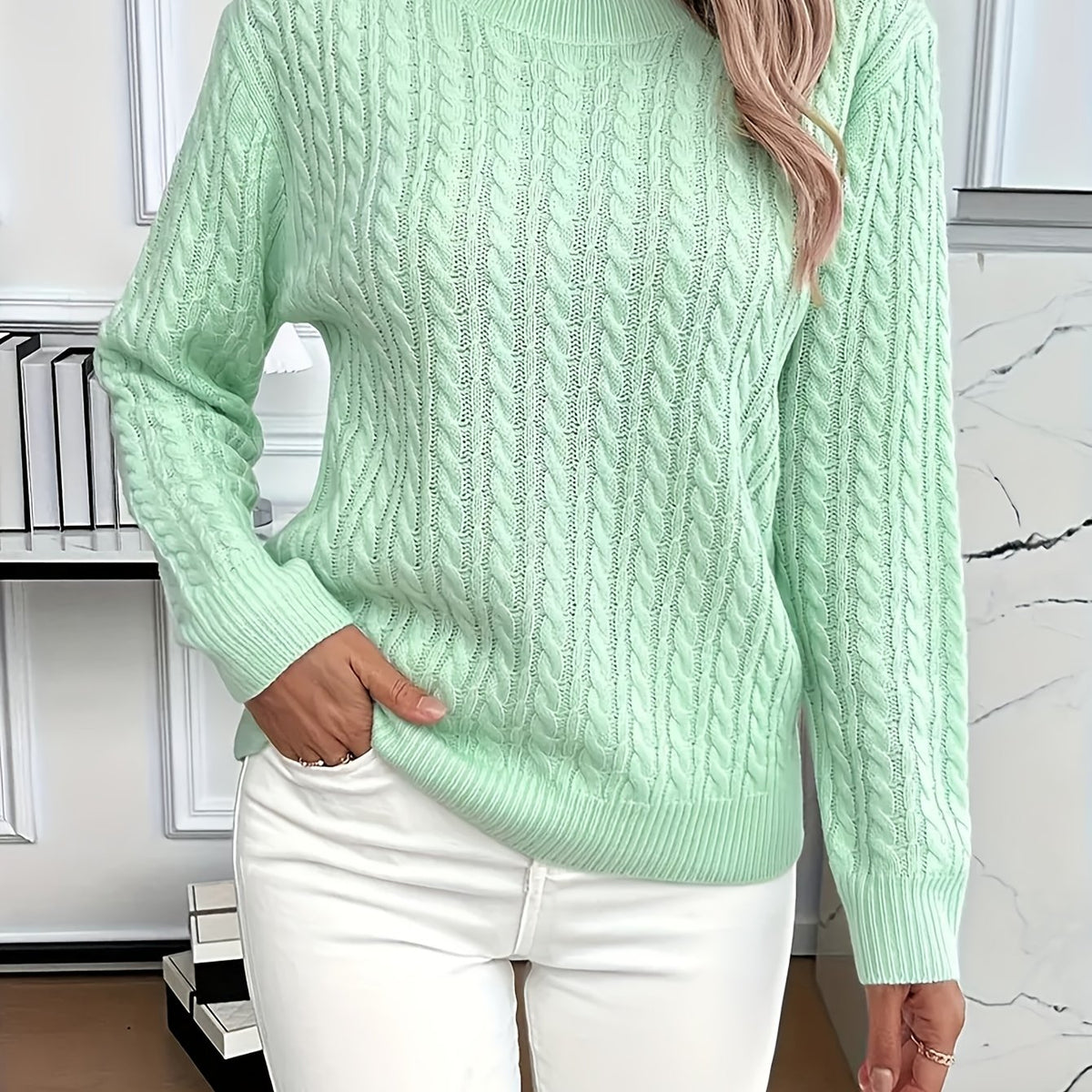 Women's Casual Loose-Fit Round Neck Long Sleeve Sweater - Medium Stretch Solid Color with Ribbed Detailing, H-Line Silhouette for Spring/Autumn Layering, Elegant Collection, Cute Sweater, Casual Attire, Comfortable Fit, Pullover Top, Stylish Women