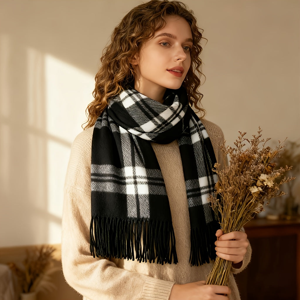 [Christmas Gifts] Women's Elegant Plaid Scarf - Soft Warm Winter Shawl & Neck Wrap, Black White Brown Beige Checkered Pattern, Windproof Snowproof Collar Collarbone Length for Weddings, Christmas Gifts, Casual Outfits - Versatile Wrap-around Scarf Accesso