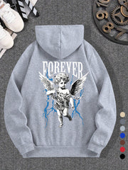 Men's Angel & Lightning Bolt Graphic Hoodie - 100% Polyester Casual Pullover Sweatshirt with Adjustable Drawstring Hood, Regular Fit Long Sleeve for Autumn Winter, Vibrant Blue, Pullover Hoodie, Bold Letter Pattern, Knitted Texture
