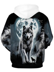 Men'S Hoodie - Black Wolf & Moon Graphic Pullover Sweatshirt, Hooded Winter Jacket for Outdoor Activities, Casual Outings & Casual Attire - Fall/Winter Clothing for Men, Fall Fashion, Streetwear Style, Comfortable Material, Print Sweater, Streetwear Lover