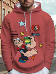 Men'S Casual 3D Print Hoodie - Cartoon Sailor with "YUM!" Design, Loose Fit, Long Sleeve, Spring/Fall Fashion, White with Colorful Graphics, Casual Wear Hoodie|Playful Graphic Hoodie|Comfortable Fit Hoodie