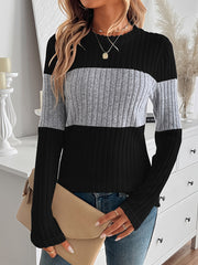 Women'S Elegant Color Block Sweater - Long Sleeve Round Neck Pullover with & Horizontal Stripes, Stretchy Sweater for Spring/Fall, Everyday & Formal Outfits - Women'S Sweater, Sweater, Casual Wear, High Elasticity Fabric, Fall Wardrobe
