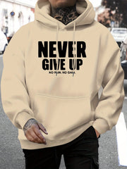 Men's Motivational "Never Give Up" Hoodie, Cozy Knit Pullover with Drawstring Hood, Long Sleeve Regular Fit, 100% Polyester, Bold Lettering Stretchy Fabric, for Fall/Winter Casual Wear Everyday Comfort