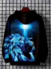 Men's Lion of Judah 3D Printed Hoodie - Black & Blue Lion of Judah Christ Symbol Sweatshirt, Relaxed Fit Hooded Sweater with Biblical Cross Print, Machine Washable Casual Religious Apparel