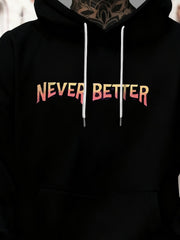 Men'S 3D Print Hooded Sweatshirt with NEVER BETTER Lettering & Flame Skull Graphic - Heavyweight Casual Pullover, with Red Lettering, Hoodie For Fall/winter - Ideal Gift For Men, Fall Winter Apparel, Durable Fabric, Streetwear Fashion, Urban Style