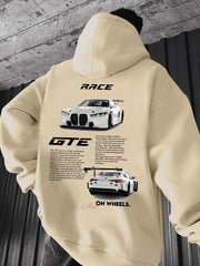 [Racing Hoodie] 1pc Men's Racing Hoodie - Beige Pullover Sweatshirt with Racing Car Graphic, Front Pocket - Loose Fit Streetwear for Motorsport Events & Casual Attire - Automotive Enthusiast Apparel, Motorsport Clothing, Trendy Casual Hoodie, Comfortable