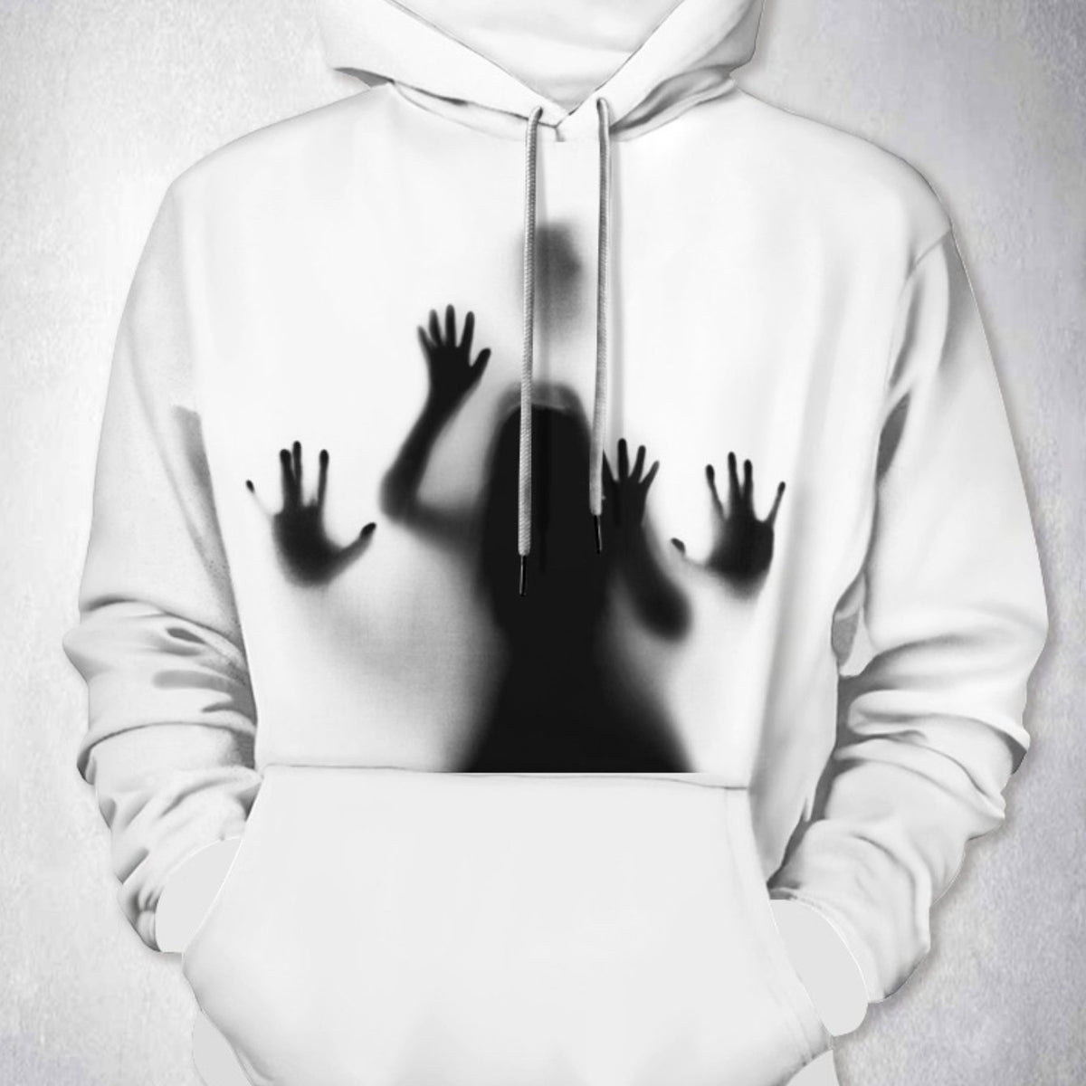 Men's 3D Illusion Hooded Sweatshirt with Black Hand Print & White Hoodie - Kangaroo Pocket, Full-Zip-like Effect Casual Pullover, Machine Washable Winter Sweater Jacket for Casual Attire (Animal Pattern) - Ideal Gift