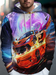 Men'S Racing Car & Flame Graphic Hooded Sweatshirt - Orange Sports Car Design with Neon Glow Effect, Streetwear Style Casual Pullover, Machine Washable, Racing Car Hoodie, Streetwear Fashion, Artistic Print, Comfortable Fit, Streetwear Lovers