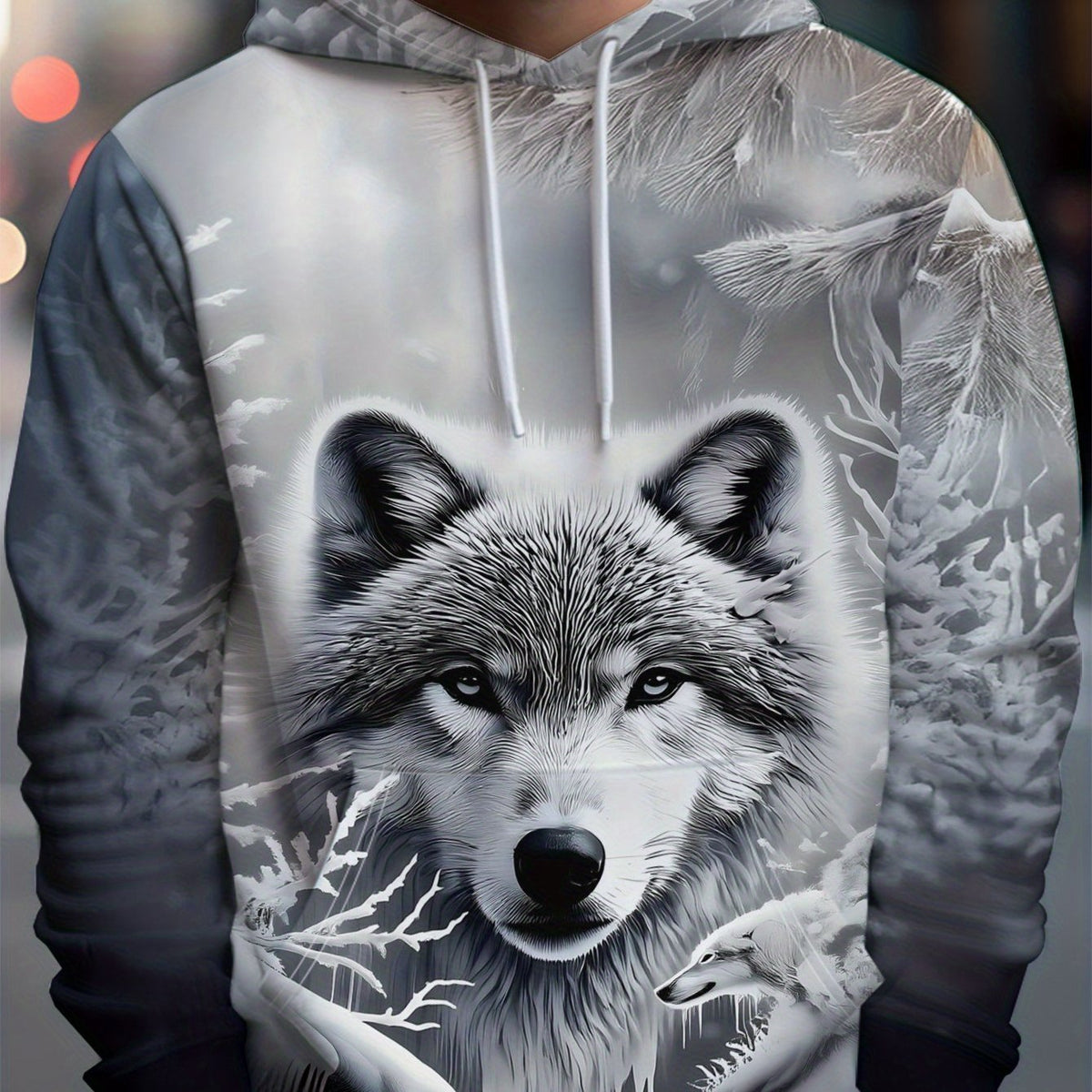 Men'S Wolf & Snowy Forest Digital Print Hooded Sweatshirt - All-Over Wolf Face & Snowy Landscape Design, Loose Fit Casual Pullover with Wolf Head & Paws