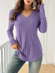 Women's Spliced V-Neck Ribbed T-Shirt - Soft Lightweight Stretch Fabric, Casual Long Sleeve Solid Color T-Shirt, Machine Washable, Suitable for Spring, Autumn, and Winter