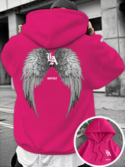 Men's Gothic Angel Wing & Artist Back Print Hooded Sweatshirt - Black with White Lettering, Drawstring Hood, Kangaroo Pocket, Casual Pullover Hoodie for Casual Attire, All-Season Comfort, Machine Washable, Trendy Streetwear with Artist-Themed Design & Win