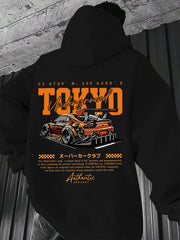 Men'S Tokyo Underground Racing Graphic Hoodie - Stylish Long Sleeve Pullover with Vibrant Orange & Black Car Design, Comfortable for Fall/Winter, Casual Streetwear, Essential Hoodie