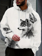 Men'S Wolf & Wolf Pack Graphic Hooded Sweatshirt - Black & White Wolf Print with Wolf Head & Paws, Long Sleeve Drawstring Hoodie for Fall/Winter, Loose Fit Casual Pullover, Machine Washable Winter Warmth, Sweater Hoodie