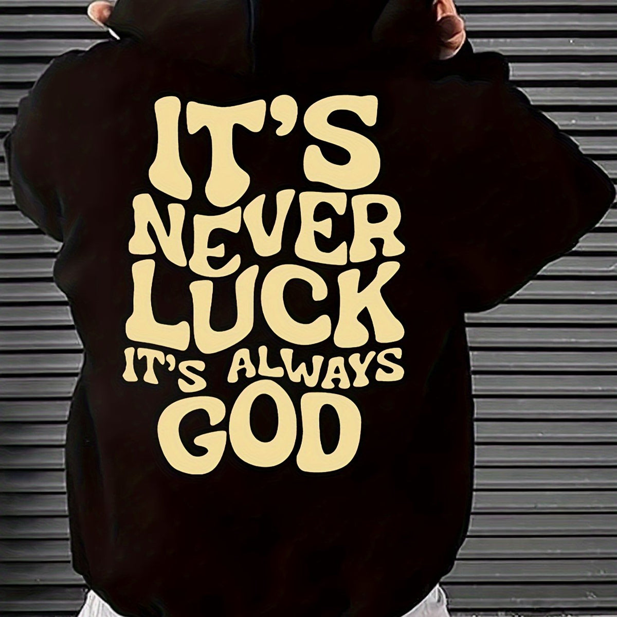 IT'S NEVER LUCK IT'S ALWAYS Print Hoodie With Front Pocket For Men, Casual Pullover Hooded Sweatshirt For Spring Fall