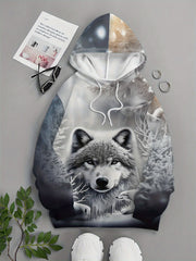Men'S Wolf & Snowy Forest Digital Print Hooded Sweatshirt - All-Over Wolf Face & Snowy Landscape Design, Loose Fit Casual Pullover with Wolf Head & Paws