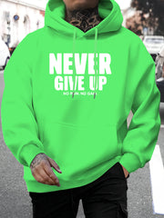 Men's Motivational "Never Give Up" Hoodie, Cozy Knit Pullover with Drawstring Hood, Long Sleeve Regular Fit, 100% Polyester, Bold Lettering Stretchy Fabric, for Fall/Winter Casual Wear Everyday Comfort