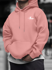 Men's Casual Hooded Sweater with Wave Print & Logo-Like Chest Design - Mustard-Yellow Knitted Polyester Pullover, Slight Stretch Long Sleeve Hoodie, Machine Washable Beige Sweater Jacket for Casual Attire (No Bulk)