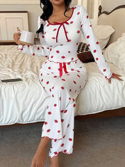 2pcs Women's Long Sleeve Square Neck Bow-Tie Top and Pants Set, Strawberry Print Ribbed Fabric with Contrast Bow Decor, Holiday Season Sleepwear for Autumn/Winter; High-Quality Loungewear