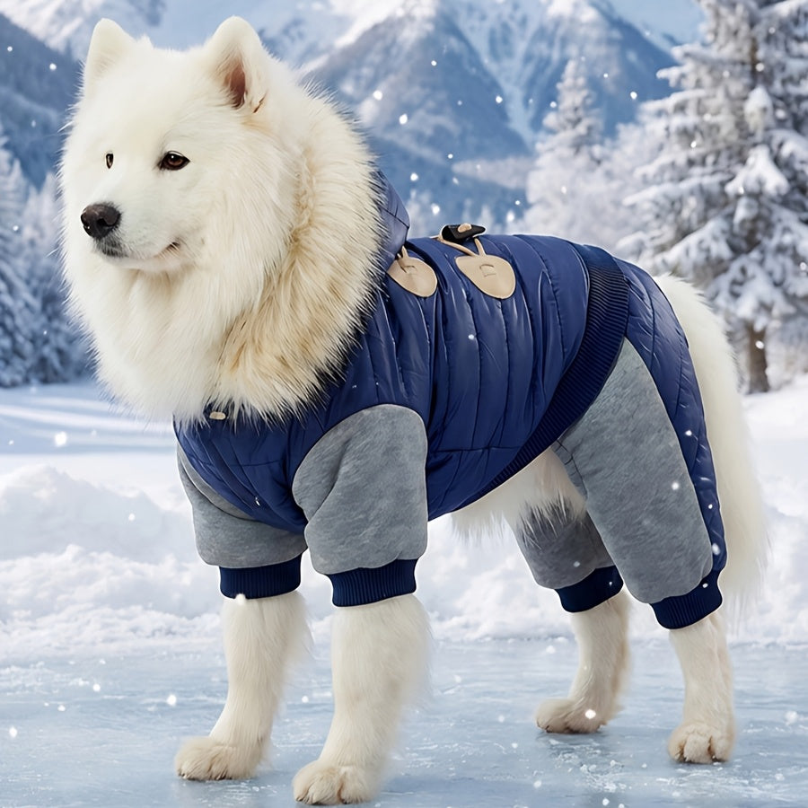 Double-Lining Pet Dog Winter Coat Jacket | Thick Polyester Hoodie Jumpsuit for Small to Large Dogs, Blue