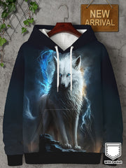 3D Mystic Culture Lightning Wolf Hoodie with Drawstring & Pocket, Adult Men’s Fantasy Beast Graphic, Fall/Winter Casual Commute Wear, Stylish Gift for Wild Enthusiasts, Edgy Design