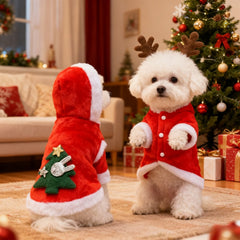 [Christmas] Christmas & Dog Costume with Antlers & Tree Decorations - Red Winter Outfit, Warm Pullover/Boutonniere Jacket for Small & Medium Pets Suitable for Xmas Parties & Photo Shoots