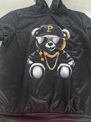 Men's 3D Digital Print Hooded Sweatshirt - Black Bear Logo & Chains Streetwear Jacket, Stretch Fabric Full-Zip Hoodie, Machine Washable Winter Warm Pullover for Hip-Hop Casual Outfits (Iconic Teddy Bear Graphic)
