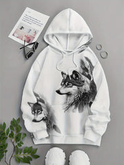 Men'S Wolf & Wolf Pack Graphic Hooded Sweatshirt - Black & White Wolf Print with Wolf Head & Paws, Long Sleeve Drawstring Hoodie for Fall/Winter, Loose Fit Casual Pullover, Machine Washable Winter Warmth, Sweater Hoodie